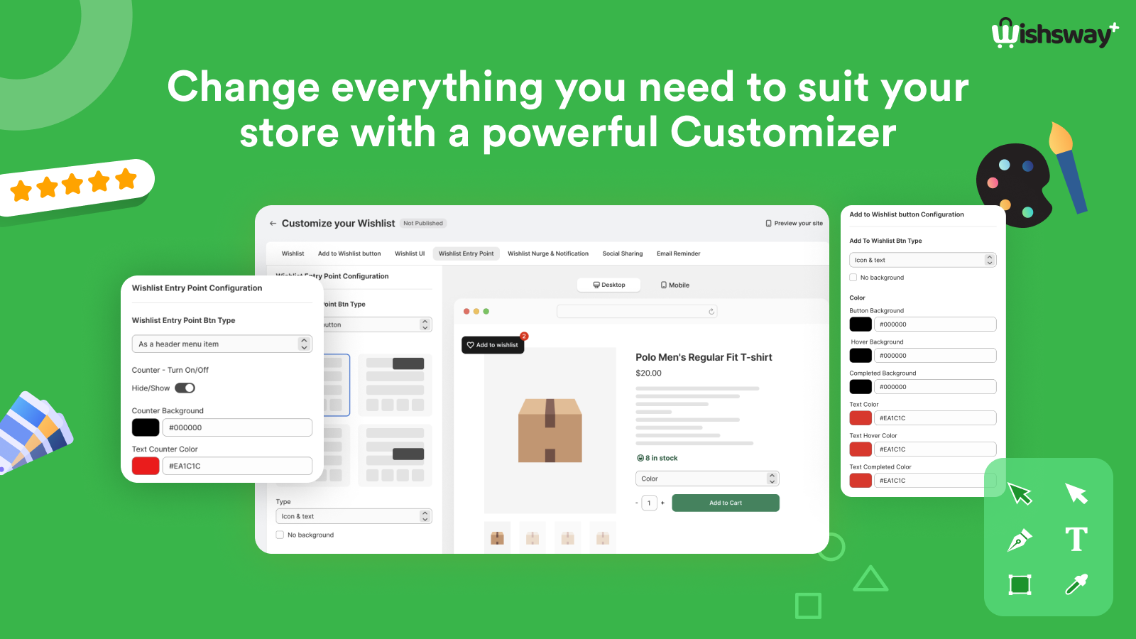 Wishsway customizer: entry point, button type, colours and live preview