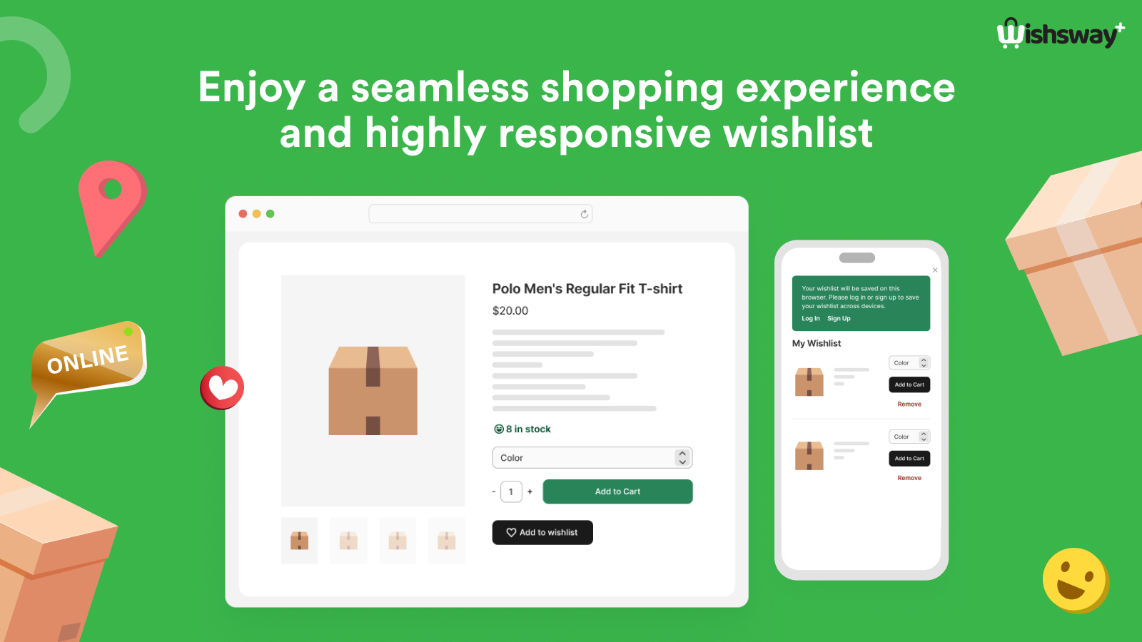 Wishsway add-to-wishlist button on a Shopify product page and the wishlist on mobile